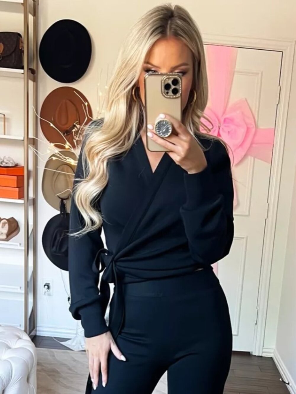 Spanx AirEssentials Ballet Wrap Very Black V-Neck Surplice Tie Belt Drape Blouse